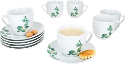 Produktbild von 6er Set Eukalyptus Kaffeetassen mit Untertassen 6 Personen Porzellan Tee Blatt