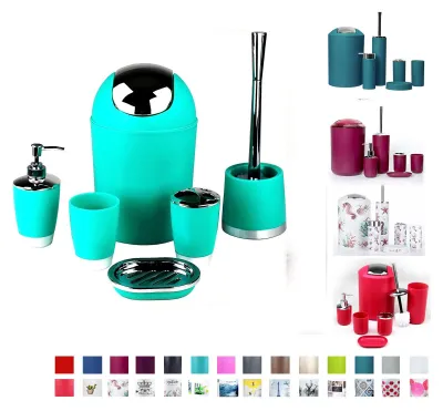 Produktbild von 6tlg Badset Badezimmer Zubehör Set Organizer: (Grüntürkis Design 1) Seifenspender, Zahnputzbecher, Kosmetikeimer, WC Bürste, Seifenschale, Mülleimer
