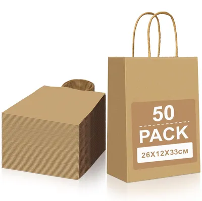 Zdjęcie produktu dla 50 dużych brązowych papierowych toreb z uchwytami - 26 x 12 x 33 cm
