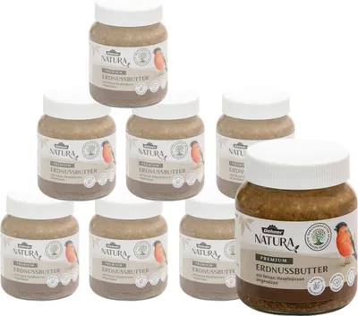 Produktbild von Dehner Natura Wildvogelfutter, Erdnussbutter im Glas, mit Haselnüssen, 8 x 340 g (2.72 kg)