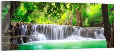 Produktbild von DEQORI Glasbild Echtglas 125x50 cm 'Wasserfall im Regenwald' Wandbild Bild modern Deko