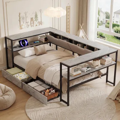 Image de Lit de jour Merax rembourré 90 x 200 cm avec éclairage LED, lit de jour avec prise USB et station de recharge Type-C, lit pour adolescent avec 2 tiroirs, sommier à lattes en métal, gris