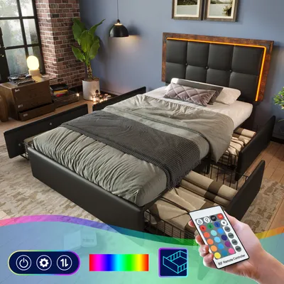 A bedroom scene featuring a bed with storage drawers and LED lighting, along with a remote control for the lights.