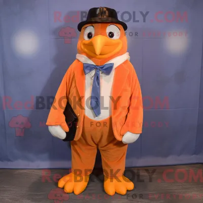 Produktbild von Orangefarbener REDBROKOLY Pinguin-Maskottchen-Kostümcharakter mit Cordhose und Krawattennadeln
