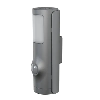 A silver motion-activated outdoor light.