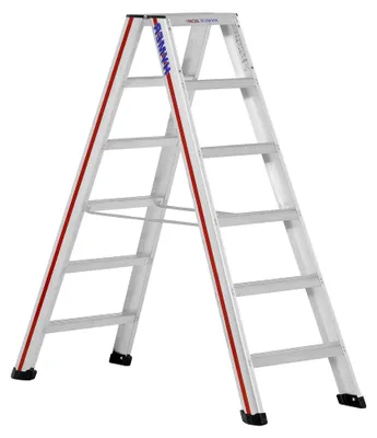 Produktbild von Stufenstehleiter 2x6 Sprossen (beidseitig begehbar, Spreizsicherung, große Lederschuhe, Standhöhe ca. 0,91 m)