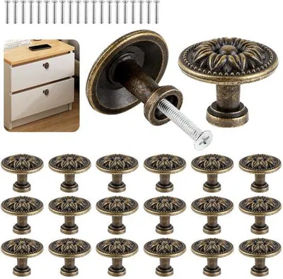 Immagine prodotto di Set di 20 pomelli rotondi per mobili in lega di zinco, finitura bronzo anticato – Maniglie vintage per armadi e cassetti