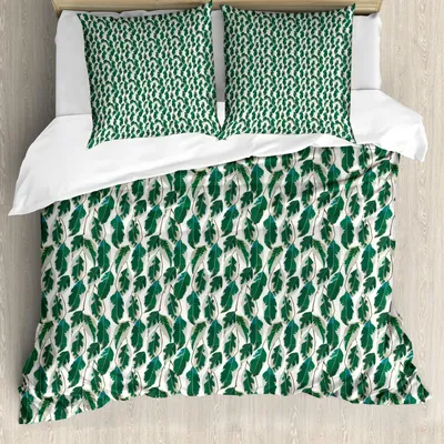 Obrázek produktu pro ABAKUHAUS Exotická sada povlečení, motiv tropického lesa s listím a vegetací v deštném pralese, 155 x 220 cm + 80 x 80 cm, prachová a lovecká zelená