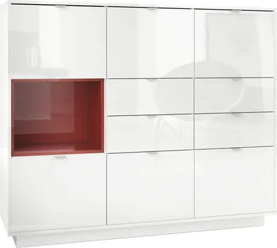 Produktbild von Vladon Highboard Sideboard Metro V2, Germany, Korpus in Weiß Hochglanz / Fronten in Weiß Hochglanz mit Einsatz in Bordeaux Hochglanz