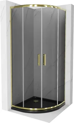 Produktbild von Mexen Rio halbrunde Duschkabine 90 x 90 cm, Graphit, Gold + Duschwanne Flat, Schwarz - 863-090-090-50-40-4170G
