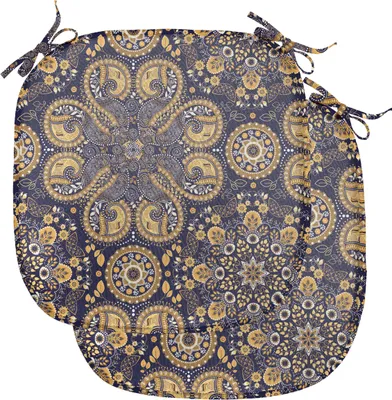 Produktbild von ABAKUHAUS Mandala Polster für Esszimmerstühle, Eastern Abstrakt Flora, Dekoratives wasserfestes Kissen mit Riemen für Küchensitze, 40 cm x 40 cm-2er Pack, Erde Gelb Indigo