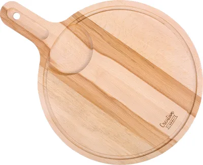 Obrázok produktu pre Creative Home Okrúhly Podnos na Pizzu Drevená Doska na Krájanie | 40 x 30 x 1,5 cm | s Rukoväťou, Drážkou na šťavu, Miskou na Dip | Drevená Doska na Chlieb, Mäso, Zeleninu
