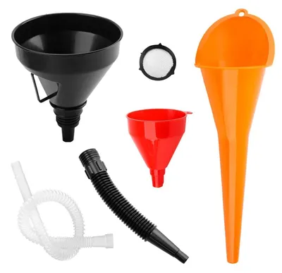 Immagine prodotto di Set di 3 imbuti, flessibili, in plastica, con beccuccio removibile e tubi telescopici
