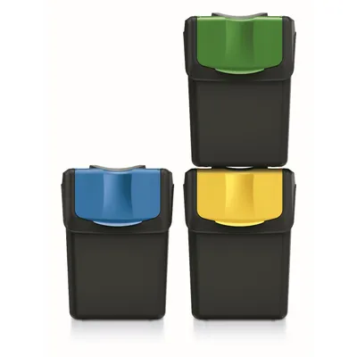 Three recycling bins stacked and arranged.