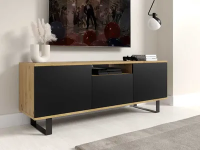 Produktbild von TV-Schrank 150 cm, Fernsehtisch, Lowboard, Artisan/Schwarz Matt, schwarze Metallfüße, Modernes Design, "Masimo"