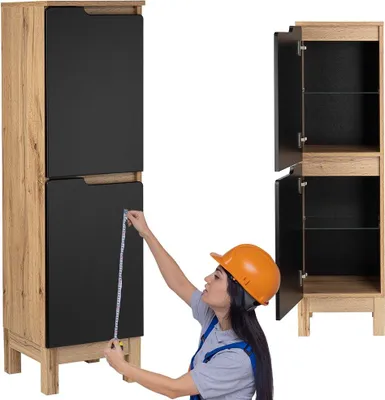 Zdjęcie produktu dla Elegancki Półsłupek Łazienkowy Astor Alma 35 cm, Dwukolorowy, Drewno & Czarny Mat, Półki Szklane, Nowoczesny Design