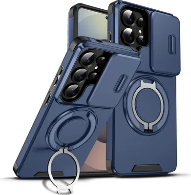 Image de Étui double couche pour Samsung Galaxy S26 Ultra, avec cache coulissant pour appareil photo et anneau magnétique pour support Bleu