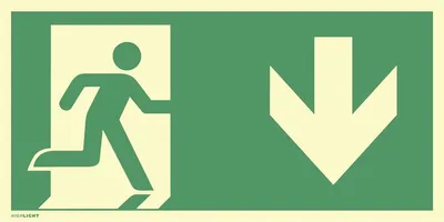 Produktbild von Notausgang rechts Pfeil unten ISO 7010 Folie nachleucht. 160-mcd 297x148 mm.
