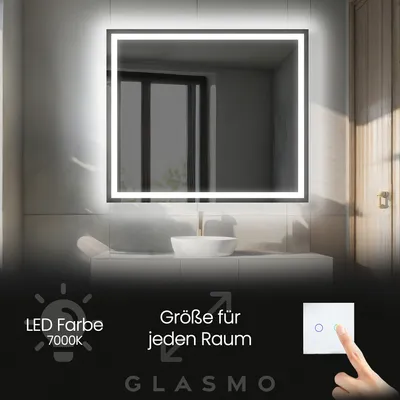 Obrázok produktu pre Kúpeľňové zrkadlo s LED osvetlením 70x70 cm Bella - Štvorcové obdĺžnikové zrkadlo s osvetlením - Studená biela 7000K - Kúpeľňové zrkadlo Svetelné zrkadlo