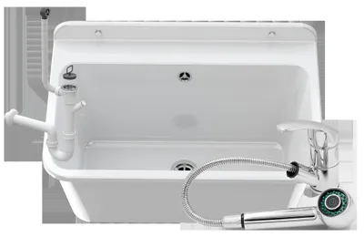 Immagine prodotto di Granitan | Lavello da lavoro - LARGE - con rubinetto estraibile - con sifone - Bianco - 61 x 41 cm - per lavanderia e garage