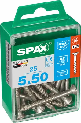Obrázek produktu pro Šroub SPAX z nerezové oceli, 5 x 50 mm, 25 kusů, s částečným závitem, se zápustnou hlavou, T-STAR plus T20, 4CUT, nerezová ocel A2 - 4197000500502