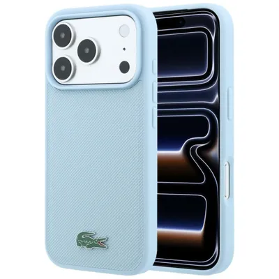Imagen del producto de Funda Lacoste Petit Pique con logo lacado, compatible con iPhone 18 Pro Max / 17 Pro Max, color azul