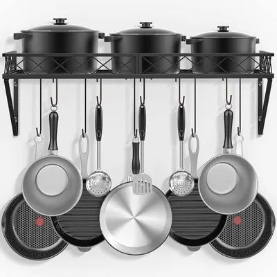 Produktbild von Wandmontage Topf- und Pfannenhalter mit 10 Haken - Metall Küchenorganizer