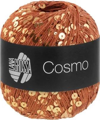 A ball of yarn with sequins on a black label.