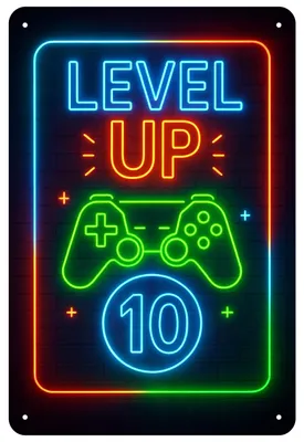 Produktbild von Blechschild 20x30cm Level Up 10 Gaming Geburtstag Neon Controller Motiv Metallschild Gamer Deko Kinderzimmer Geschenk AstraDesign