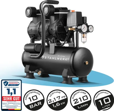 Produktbild von STAHLWERK Kompressor 10 L Tank - ölfrei & leise | 10 bar | 2,1 PS | 1,6 kW | 210 l/min | Druckluftkompressor mit Brushless-Motoren | Flüsterkompressor
