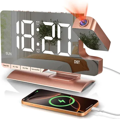 Obrázok produktu pre Digitálny budík s projektorom, 7,3-palcový LED displej, projekcia pod uhlom 180°, dvojitý alarm, USB a USB-C nabíjací port, nastaviteľná intenzita podsvietenia, funkcia odloženia budíka, automatické nastavenie letného času