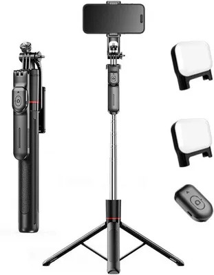 Produktbild von Fotostativ mit LED-Lampe - 67 Zoll faltbarer Teleskop-Blutetooth-Selfiestick - mit Fernbedienung - für alle Smartphones und Kameras