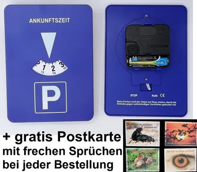 Produktbild von Mitlaufende Parkscheibe batteriebetrieben + gratis Postkarte mit Sprüchen Parkuhr Elektronisch Run Stop Schalter