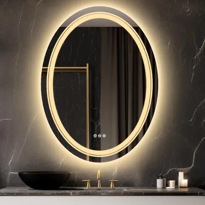 Immagine prodotto di Specchio da bagno LED Vrygle Oval 60×80 cm — Specchio da parete con illuminazione frontale e posteriore, intensità regolabile da 3000 a 6000 K, funzione antiappannamento, 3 interruttori touch
