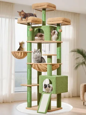 Imagen del producto de Árbol para gatos Kratzbaum XXL, con 193 cm de altura, 7 postes para rascar, 3 plataformas, 2 cuevas, hamaca incluida, ideal para gatos grandes