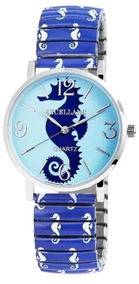 Produktbild von Excellanc 1700006-003 Damenuhr mit Metallzugband blau/weiß Seepferdchen