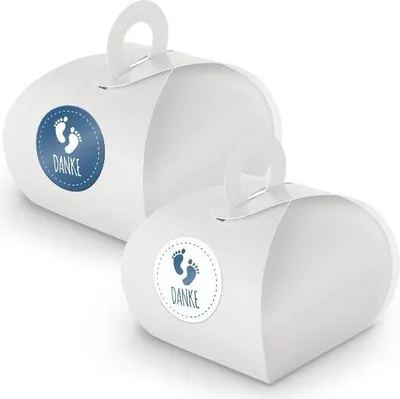 Produktbild von SET DANKE Fußabdrücke(Motiv29) 24x Geschenkschachtel mit Griff weiß  + Sticker