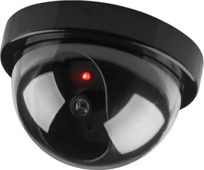 A black dome security camera with a red LED light is shown against a white background.