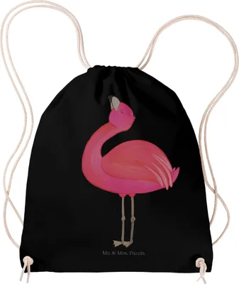 Produktbild von Mr. & Mrs. Panda Sportbeutel Flamingo Stolz - Schwarz - Geschenk, wander rucksack, Jutebeutel, Mama, Stoffbeutel, Freude, Selbstliebe, glücklich, Turnbeutel, gym tasche