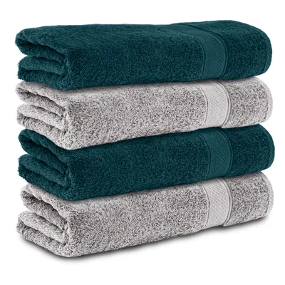 Produktbild von Komfortec 4er Duschtücher 70x140 cm Set aus 100% Baumwolle, 470g/m², Frottee, Weich, Silber Grau/Petrol