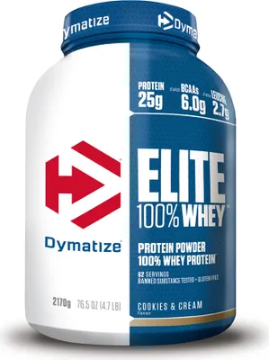 A product shot of a Dymatize Elite 100% Whey protein powder container.