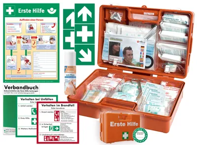 Produktbild von Verbandskoffer (M) Typ S -Komplettpaket- -aktuelle Erste Hilfe DIN 13157 für Betriebe INKL. PERF. VERBANDBUCH, Sprühpflaster, Aushang + Aufkleber