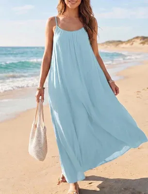 Productafbeelding van Maxi-jurk voor dames met open rug en smalle schouderbandjes, lichtblauw, geschikt voor zomer en vakantie