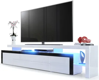 Produktbild von Vladon TV Board Lowboard Leon V3,  Germany, Korpus und Überbau in Weiß Hochglanz / Front in Weiß Hochglanz mit Rahmen in Schwarz Hochglanz inkl. LED Beleuchtung (227 x 52 x 35 cm)