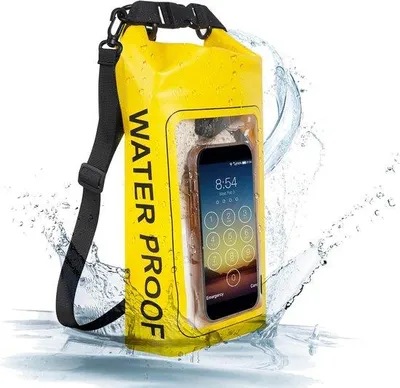 Immagine prodotto di Borsa impermeabile per kayak - 2 litri - Zaino impermeabile con chiusura a rotolo, borsa per kayak per sport acquatici - grande, impermeabile, con tasca per cellulare, giallo