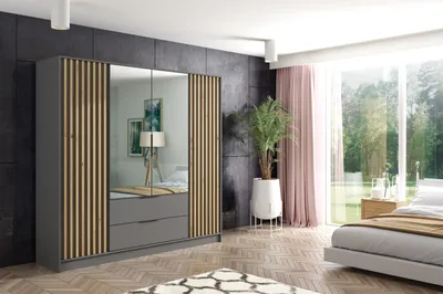Produktbild von ALTDECOR Kleiderschrank NELIA mit Spiegel und selbstschließenden, Lamellentüren, Lamellen, Flügeltüren, 200 cm Graphit