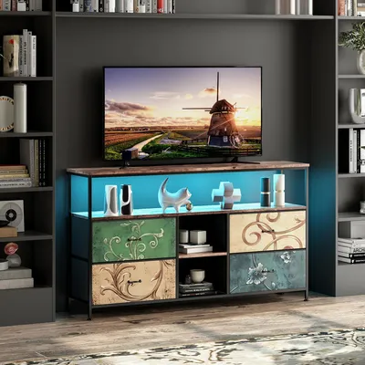 Obrázok produktu pre TV komoda s LED podsvietením – TV skrinka 108×30×78 cm – farebné LED osvetlenie – 4 zásuvky na odkladanie – nosnosť do 30 kg – farba: čierna