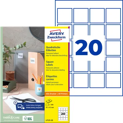 Produktbild von Avery Zweckform L7121-25, Quadratische Etiketten, A4, 45 x 45 mm, 500 Etiketten / 25 Bögen, weiß