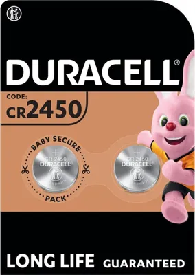 A retail package of Duracell CR2450 lithium coin cell batteries, featuring the Duracell bunny mascot.