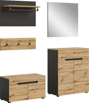 A collection of furniture pieces for an entryway or hallway, including a coat rack, a bench with storage, and a cabinet with drawers and doors.
